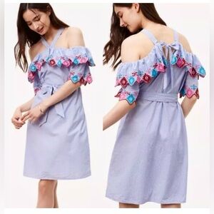 LOFT Fiesta Embroidered off the shoulder Ruffled Belted Dress Large